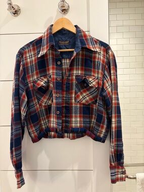 Woodland Plaid Cropped Varsity Jacket - Navy & Red